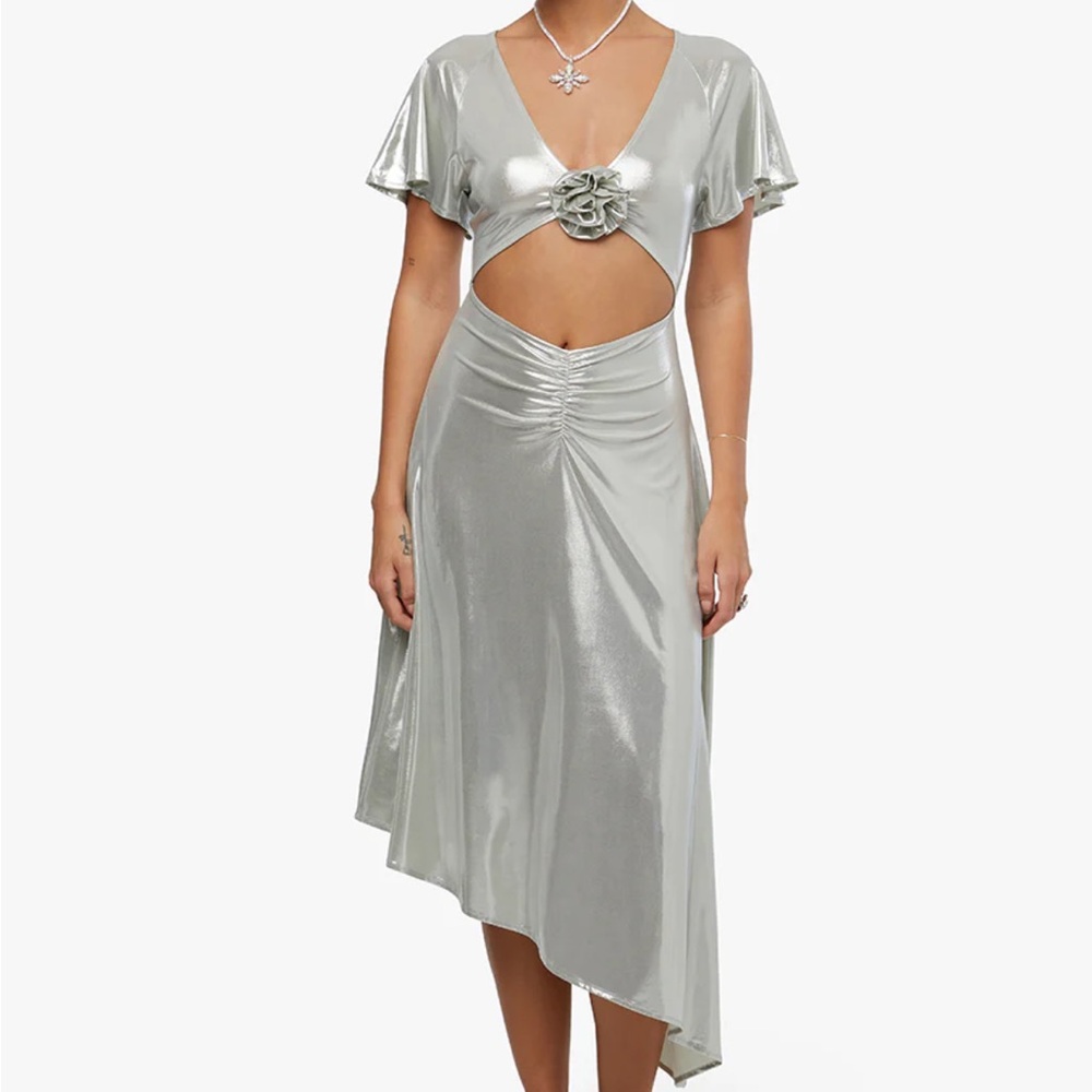 WeWoreWhat Silver Flutter Sleeve High Low Sundress